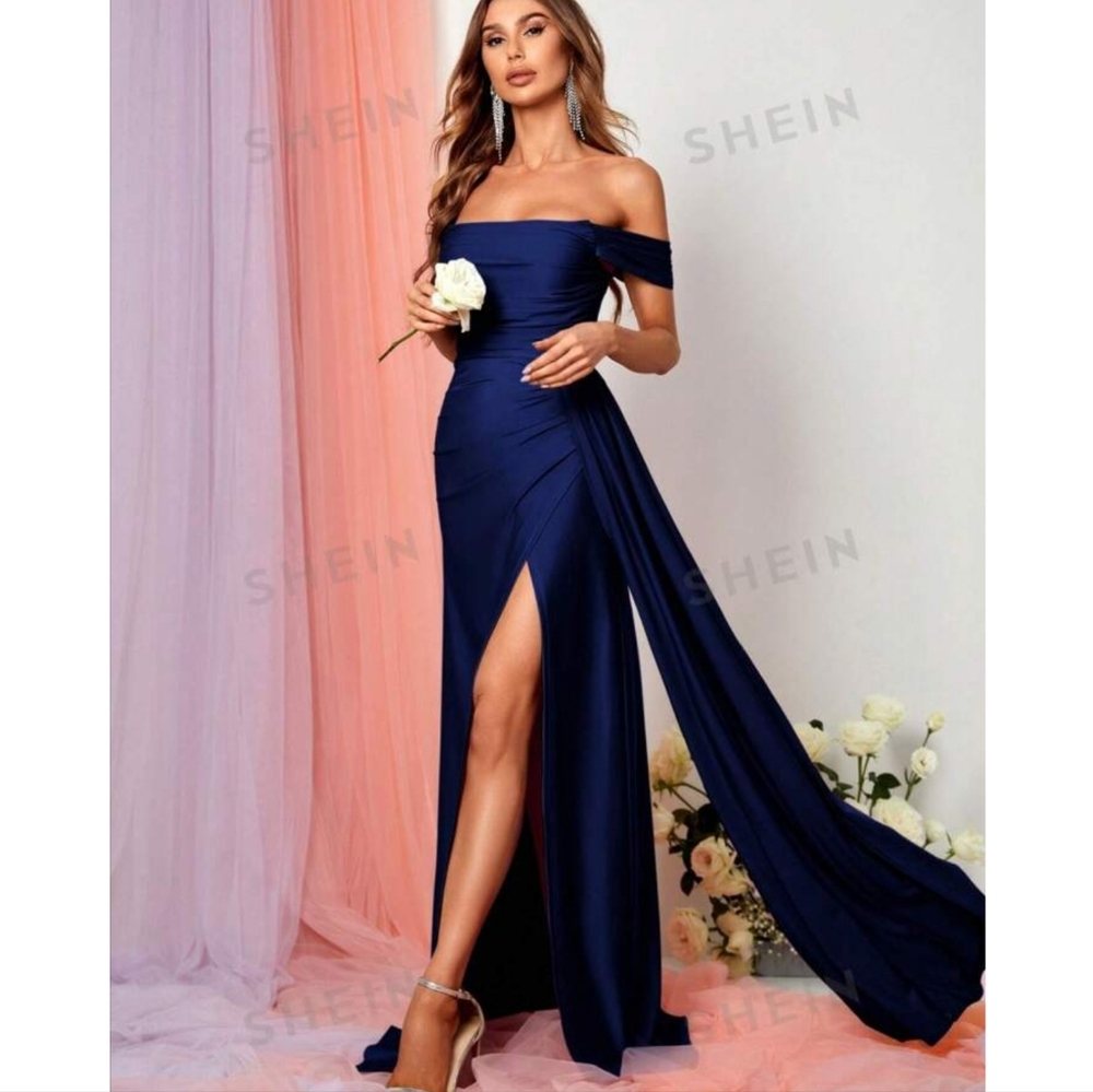 Shein Off Shoulder Maxi Bridesmaid Dress Navy Blue Medium Size 6